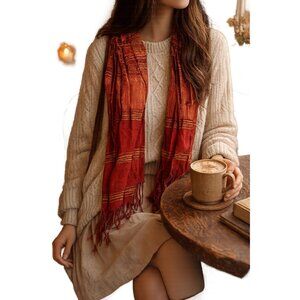 Womens Rectangle Scarf Wrap Fringe Red Ethnic Stripe Stripe Boho Lightweight